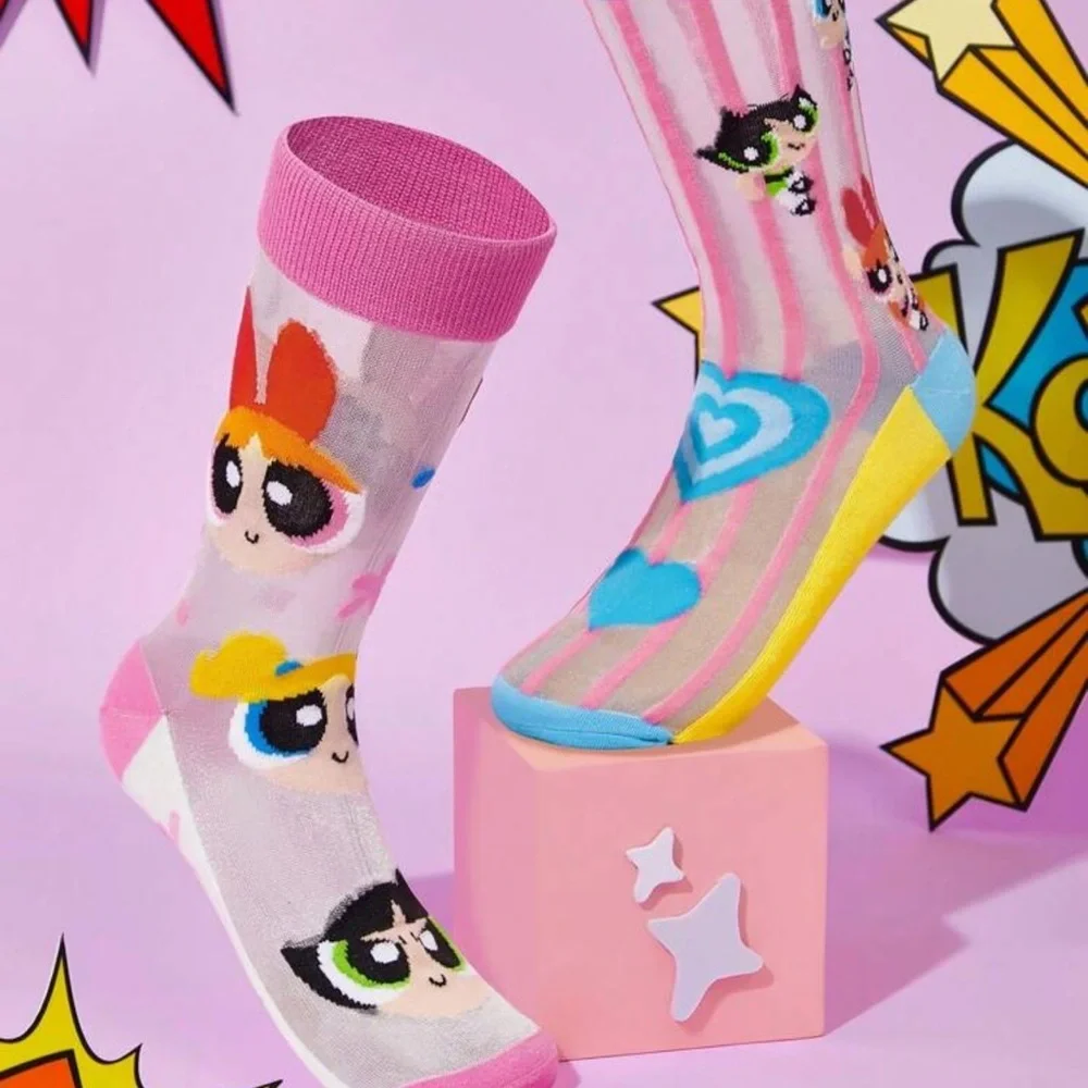 THE POWERPUFF GIRLS 2 Pairs Super Thin Cartoon Heart & Polka Dot Pattern Socks
